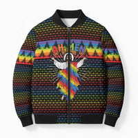 Rainbow Jesus Ah Men Christmas Bomber Puffer Jacket with Colorful Stripes and Holiday Pattern - Wonder Print Shop