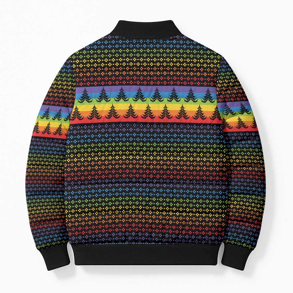 Rainbow Jesus Ah Men Christmas Bomber Puffer Jacket with Colorful Stripes and Holiday Pattern - Wonder Print Shop