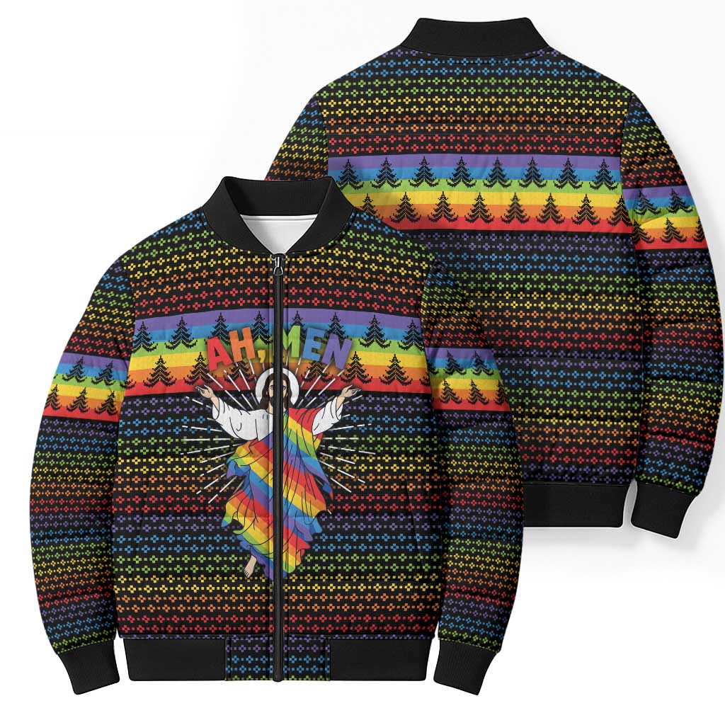 Rainbow Jesus Ah Men Christmas Bomber Puffer Jacket with Colorful Stripes and Holiday Pattern - Wonder Print Shop