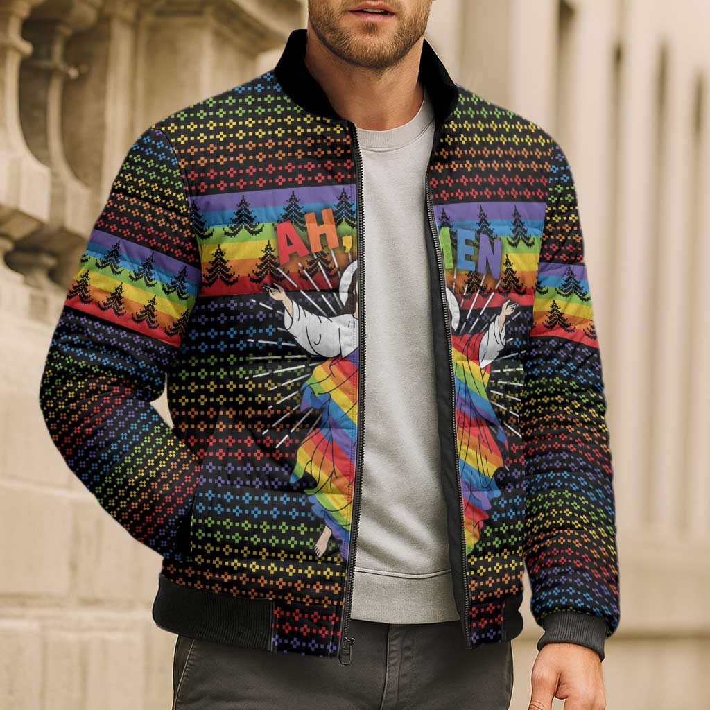 Rainbow Jesus Ah Men Christmas Bomber Puffer Jacket with Colorful Stripes and Holiday Pattern - Wonder Print Shop