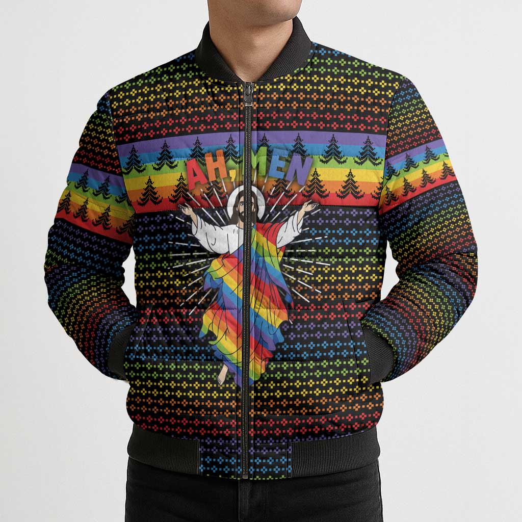 Rainbow Jesus Ah Men Christmas Bomber Puffer Jacket with Colorful Stripes and Holiday Pattern - Wonder Print Shop