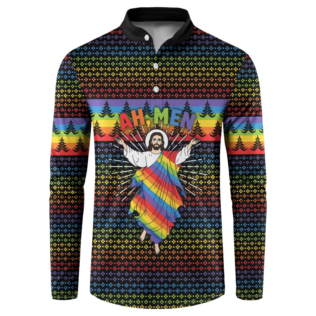 Rainbow Jesus Ah Men Christmas Button Sweatshirt with Colorful Stripes and Holiday Pattern - Wonder Print Shop