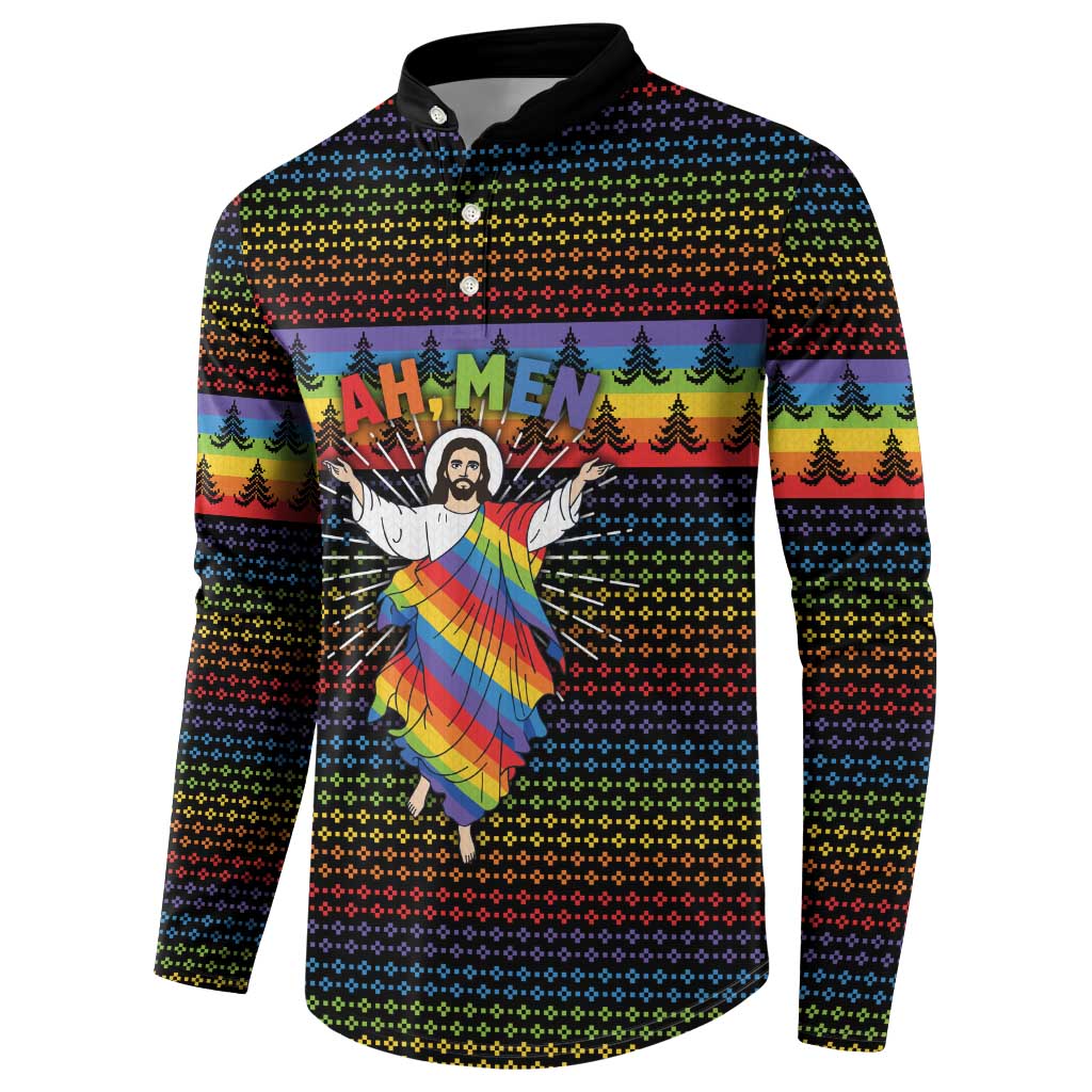 Rainbow Jesus Ah Men Christmas Button Sweatshirt with Colorful Stripes and Holiday Pattern - Wonder Print Shop