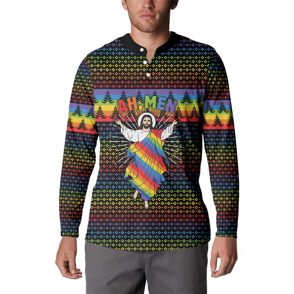 Rainbow Jesus Ah Men Christmas Button Sweatshirt with Colorful Stripes and Holiday Pattern - Wonder Print Shop