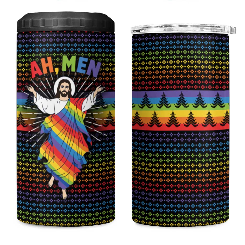 Rainbow Jesus Ah Men Christmas 4 in 1 Can Cooler Tumbler with Colorful Stripes and Holiday Pattern - Wonder Print Shop