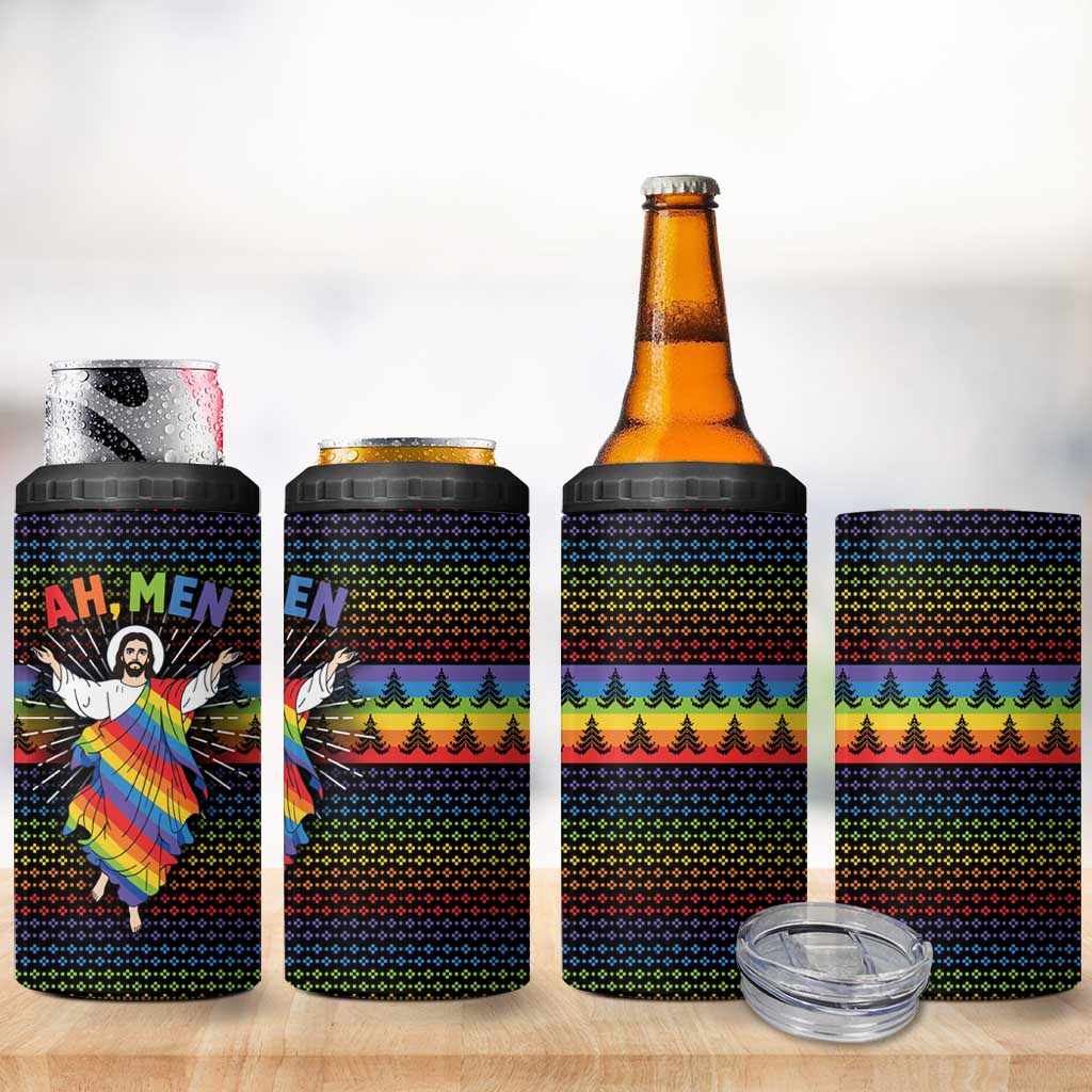 Rainbow Jesus Ah Men Christmas 4 in 1 Can Cooler Tumbler with Colorful Stripes and Holiday Pattern - Wonder Print Shop
