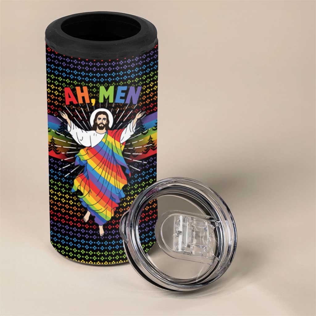 Rainbow Jesus Ah Men Christmas 4 in 1 Can Cooler Tumbler with Colorful Stripes and Holiday Pattern - Wonder Print Shop