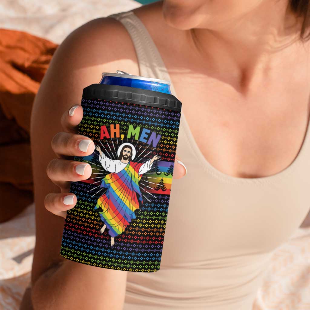 Rainbow Jesus Ah Men Christmas 4 in 1 Can Cooler Tumbler with Colorful Stripes and Holiday Pattern - Wonder Print Shop