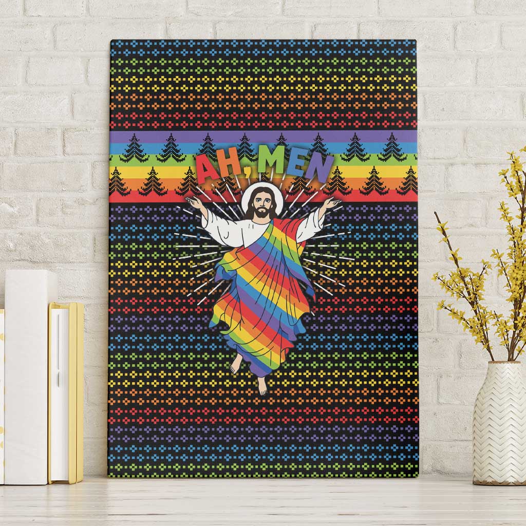 Rainbow Jesus Ah Men Christmas Canvas Wall Art with Colorful Stripes and Holiday Pattern - Wonder Print Shop