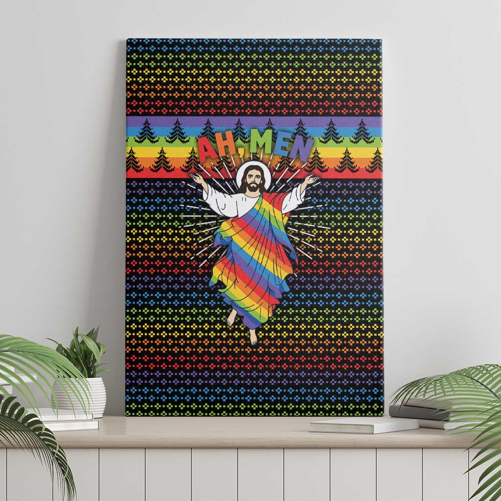 Rainbow Jesus Ah Men Christmas Canvas Wall Art with Colorful Stripes and Holiday Pattern - Wonder Print Shop