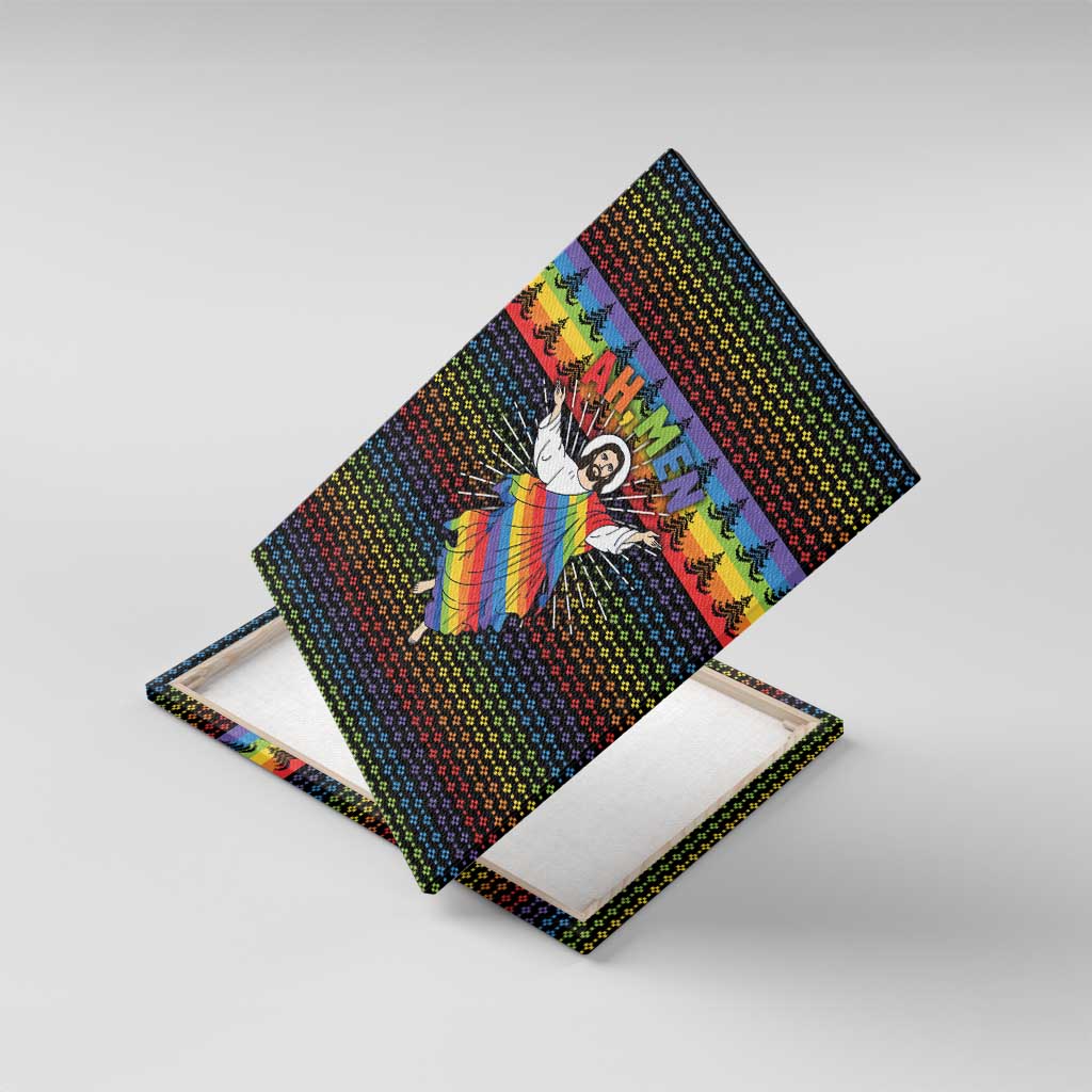 Rainbow Jesus Ah Men Christmas Canvas Wall Art with Colorful Stripes and Holiday Pattern - Wonder Print Shop