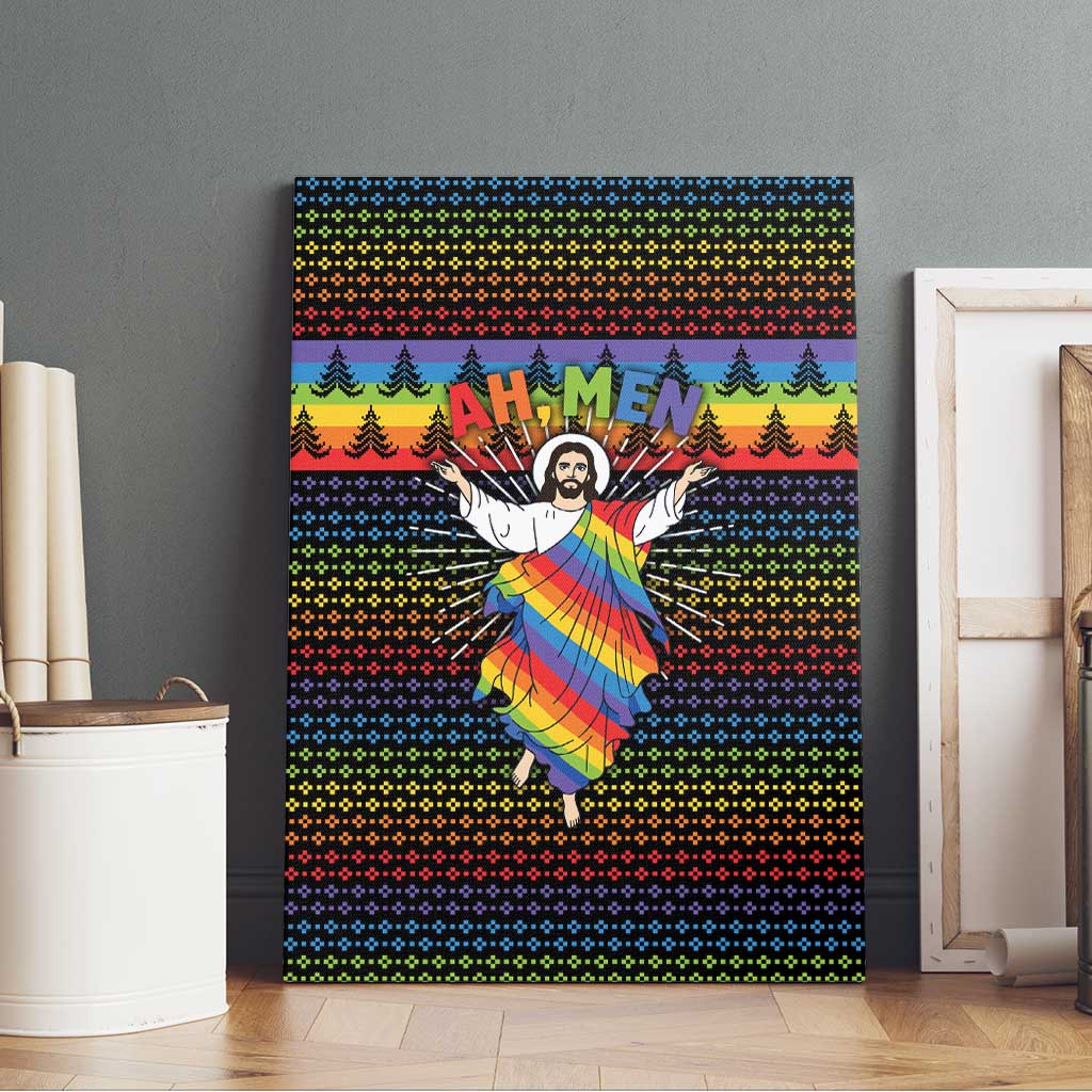 Rainbow Jesus Ah Men Christmas Canvas Wall Art with Colorful Stripes and Holiday Pattern - Wonder Print Shop