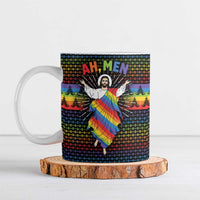 Rainbow Jesus Ah Men Christmas Ceramic Mug with Colorful Stripes and Holiday Pattern - Wonder Print Shop