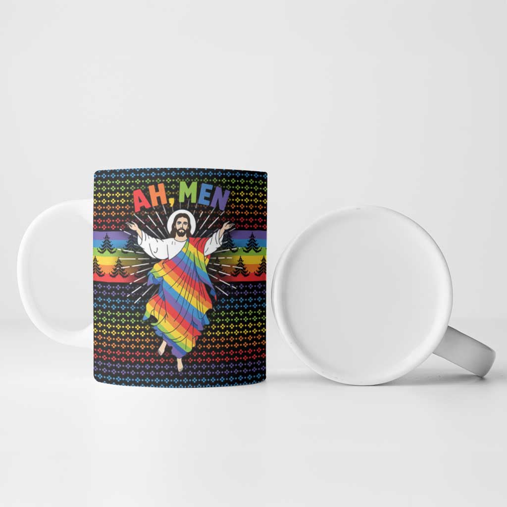 Rainbow Jesus Ah Men Christmas Ceramic Mug with Colorful Stripes and Holiday Pattern - Wonder Print Shop