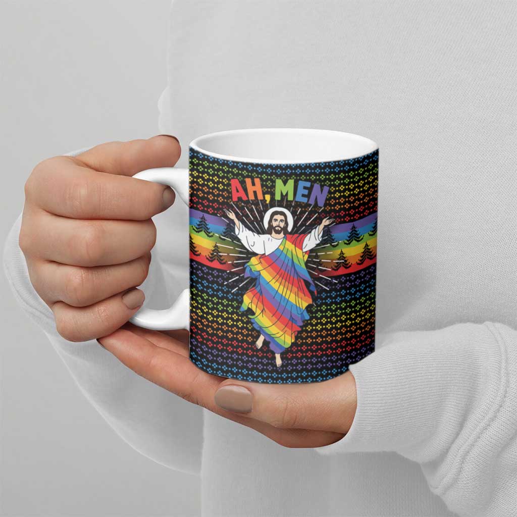 Rainbow Jesus Ah Men Christmas Ceramic Mug with Colorful Stripes and Holiday Pattern - Wonder Print Shop
