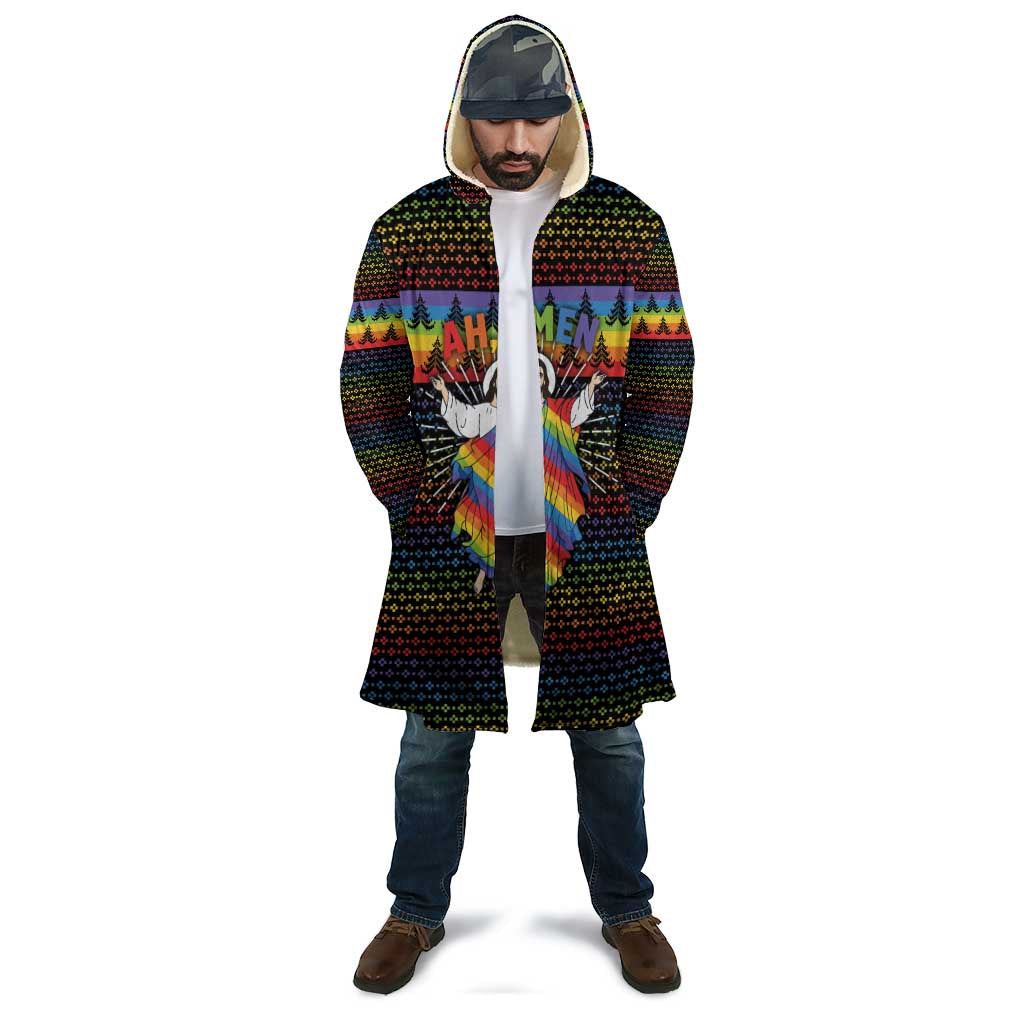 Rainbow Jesus Ah Men Christmas Cloak with Colorful Stripes and Holiday Pattern - Wonder Print Shop