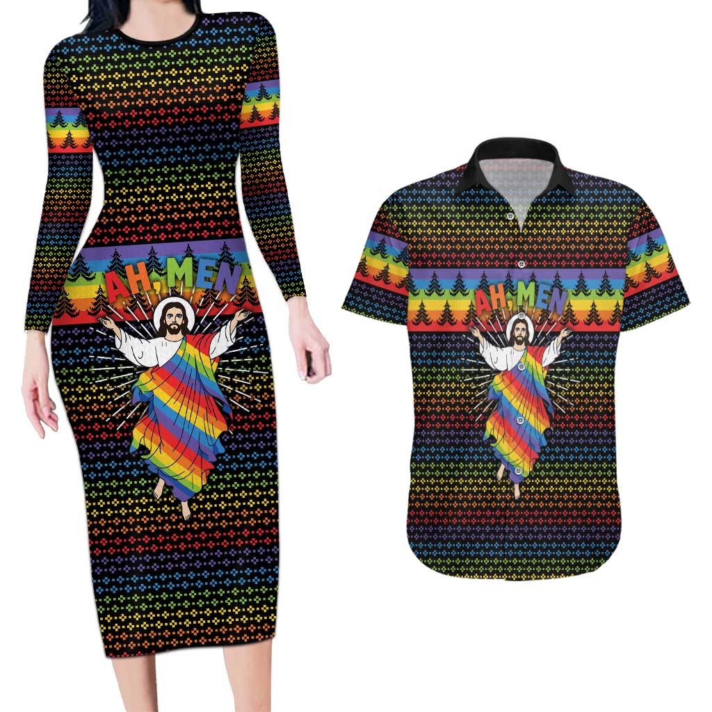 Rainbow Jesus Ah Men Christmas Couples Matching Long Sleeve Bodycon Dress and Hawaiian Shirt with Colorful Stripes and Holiday Pattern - Wonder Print Shop