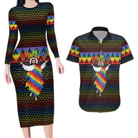 Rainbow Jesus Ah Men Christmas Couples Matching Long Sleeve Bodycon Dress and Hawaiian Shirt with Colorful Stripes and Holiday Pattern - Wonder Print Shop