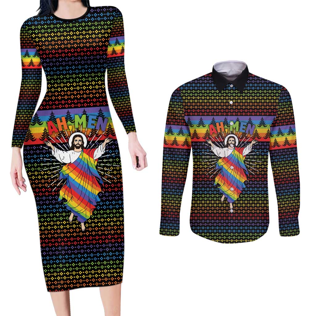 Rainbow Jesus Ah Men Christmas Couples Matching Long Sleeve Bodycon Dress and Long Sleeve Button Shirt with Colorful Stripes and Holiday Pattern - Wonder Print Shop