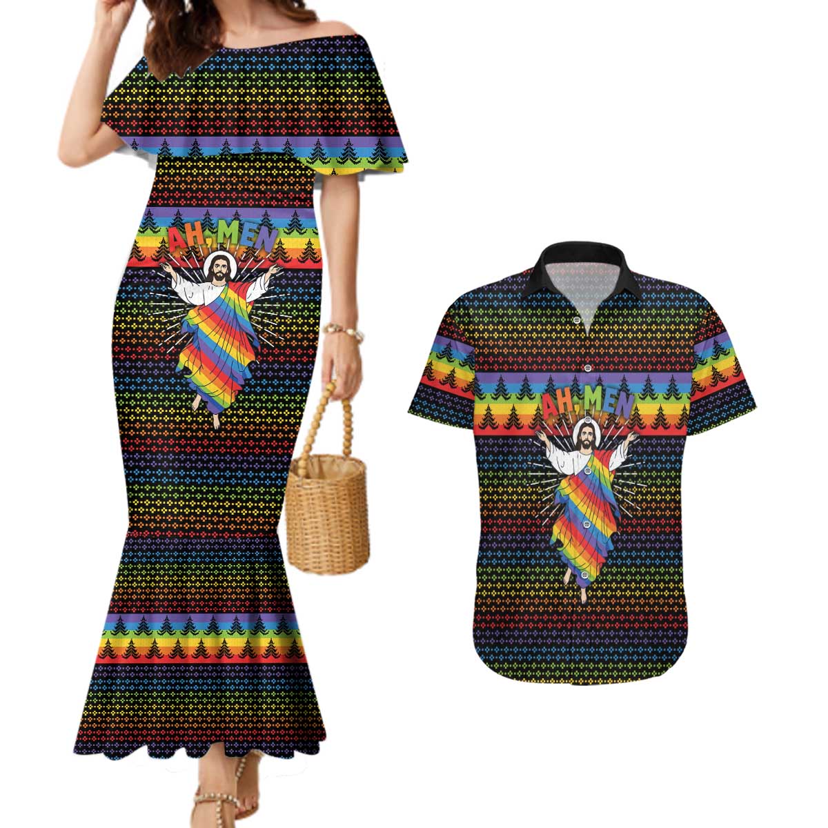 Rainbow Jesus Ah Men Christmas Couples Matching Mermaid Dress and Hawaiian Shirt with Colorful Stripes and Holiday Pattern - Wonder Print Shop