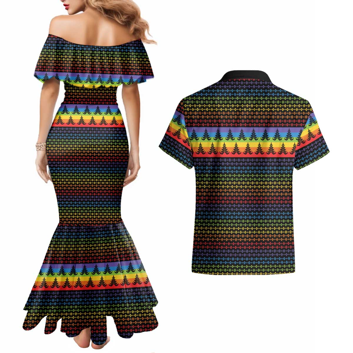 Rainbow Jesus Ah Men Christmas Couples Matching Mermaid Dress and Hawaiian Shirt with Colorful Stripes and Holiday Pattern - Wonder Print Shop