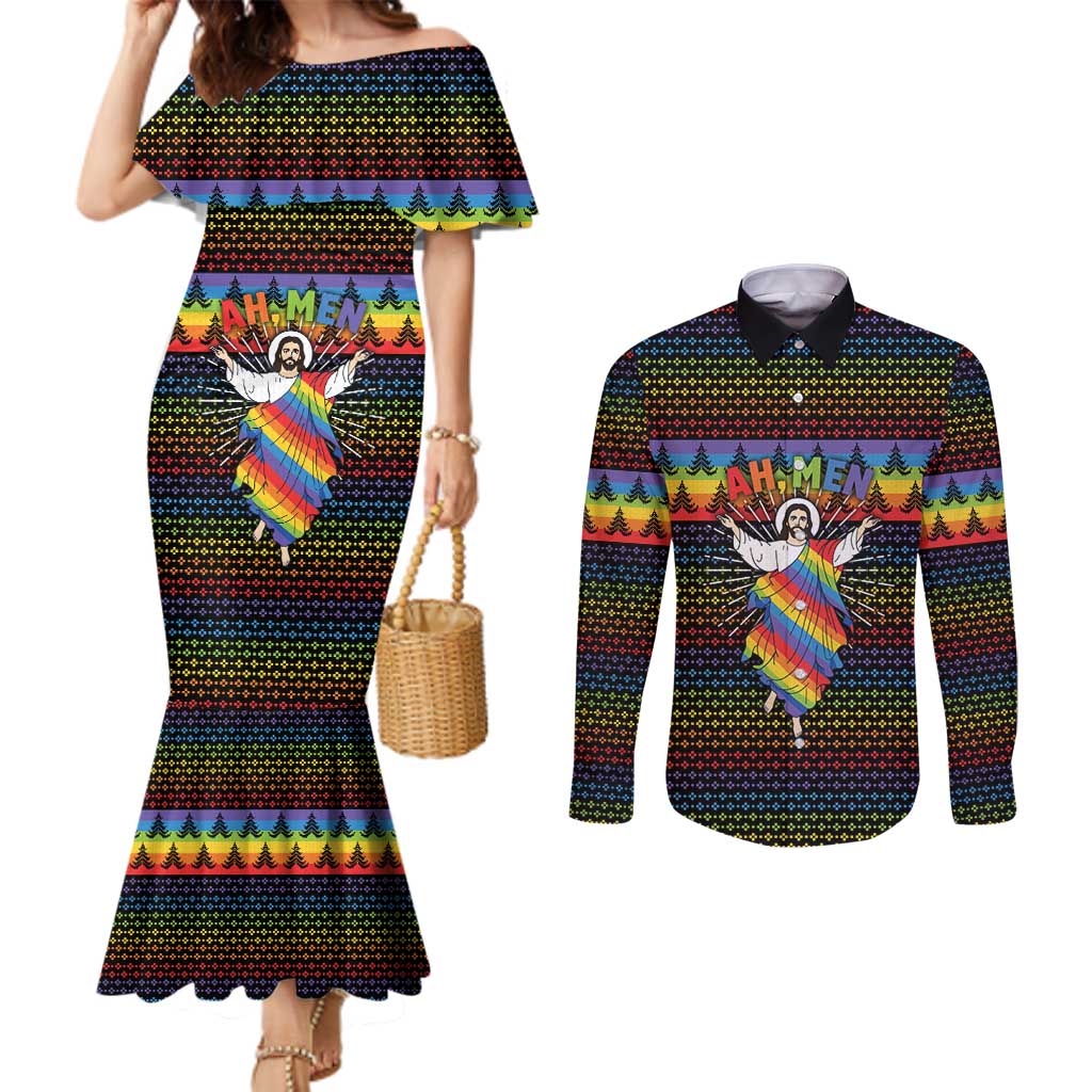 Rainbow Jesus Ah Men Christmas Couples Matching Mermaid Dress and Long Sleeve Button Shirt with Colorful Stripes and Holiday Pattern - Wonder Print Shop