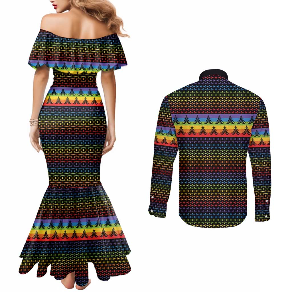 Rainbow Jesus Ah Men Christmas Couples Matching Mermaid Dress and Long Sleeve Button Shirt with Colorful Stripes and Holiday Pattern - Wonder Print Shop