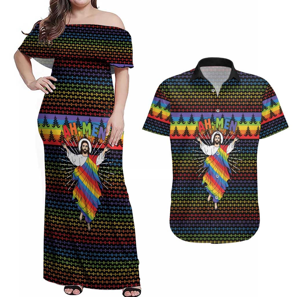 Rainbow Jesus Ah Men Christmas Couples Matching Off Shoulder Maxi Dress and Hawaiian Shirt with Colorful Stripes and Holiday Pattern - Wonder Print Shop