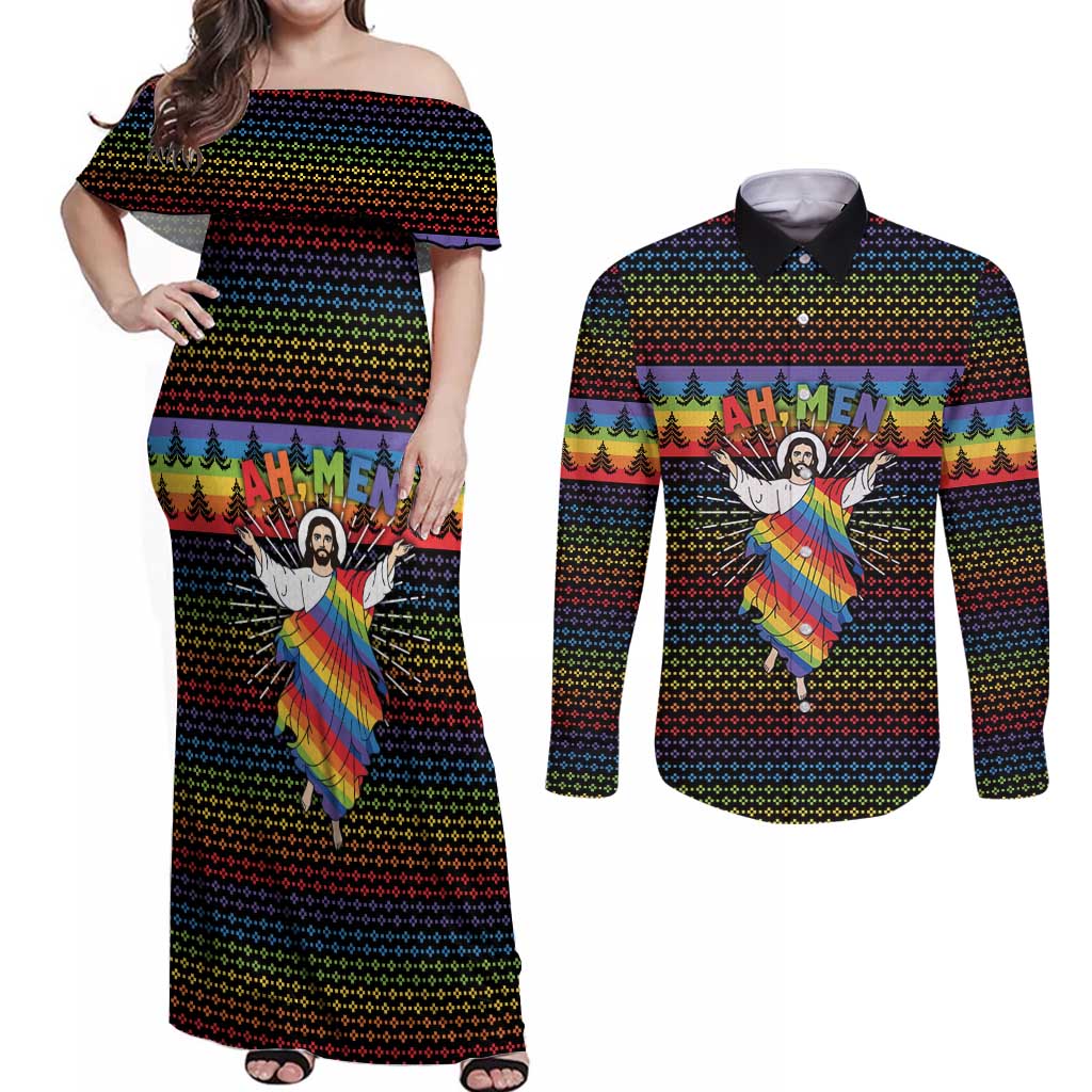 Rainbow Jesus Ah Men Christmas Couples Matching Off Shoulder Maxi Dress and Long Sleeve Button Shirt with Colorful Stripes and Holiday Pattern - Wonder Print Shop