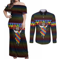 Rainbow Jesus Ah Men Christmas Couples Matching Off Shoulder Maxi Dress and Long Sleeve Button Shirt with Colorful Stripes and Holiday Pattern - Wonder Print Shop