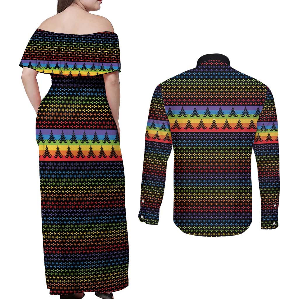 Rainbow Jesus Ah Men Christmas Couples Matching Off Shoulder Maxi Dress and Long Sleeve Button Shirt with Colorful Stripes and Holiday Pattern - Wonder Print Shop