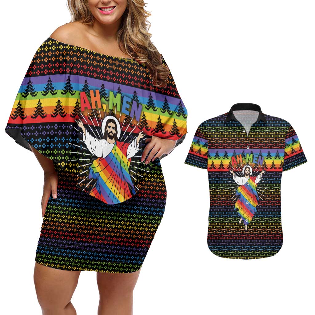 Rainbow Jesus Ah Men Christmas Couples Matching Off Shoulder Short Dress and Hawaiian Shirt with Colorful Stripes and Holiday Pattern - Wonder Print Shop