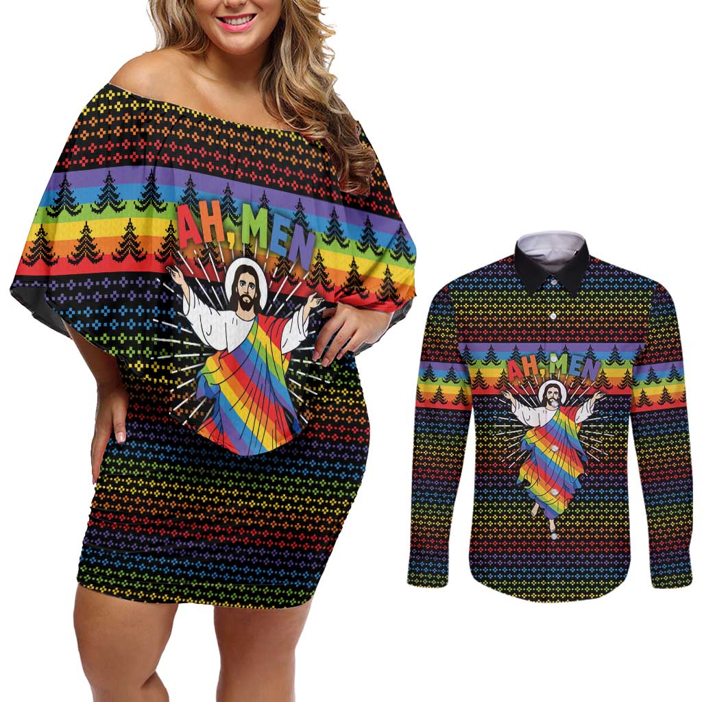 Rainbow Jesus Ah Men Christmas Couples Matching Off Shoulder Short Dress and Long Sleeve Button Shirt with Colorful Stripes and Holiday Pattern - Wonder Print Shop