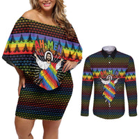 Rainbow Jesus Ah Men Christmas Couples Matching Off Shoulder Short Dress and Long Sleeve Button Shirt with Colorful Stripes and Holiday Pattern - Wonder Print Shop