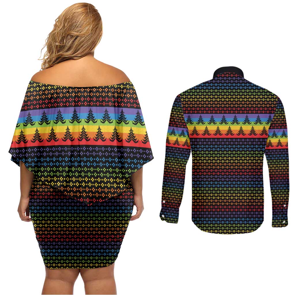 Rainbow Jesus Ah Men Christmas Couples Matching Off Shoulder Short Dress and Long Sleeve Button Shirt with Colorful Stripes and Holiday Pattern - Wonder Print Shop