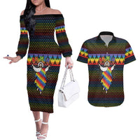 Rainbow Jesus Ah Men Christmas Couples Matching Off The Shoulder Long Sleeve Dress and Hawaiian Shirt with Colorful Stripes and Holiday Pattern - Wonder Print Shop