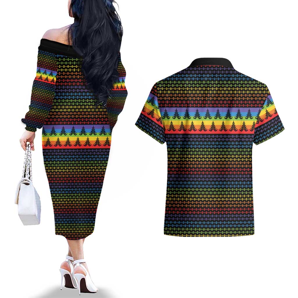 Rainbow Jesus Ah Men Christmas Couples Matching Off The Shoulder Long Sleeve Dress and Hawaiian Shirt with Colorful Stripes and Holiday Pattern - Wonder Print Shop