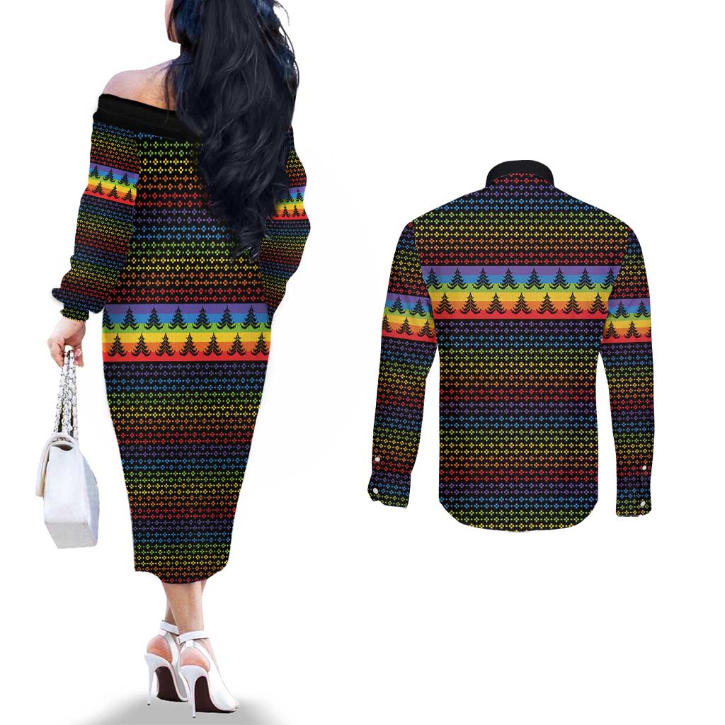 Rainbow Jesus Ah Men Christmas Couples Matching Off The Shoulder Long Sleeve Dress and Long Sleeve Button Shirt with Colorful Stripes and Holiday Pattern - Wonder Print Shop