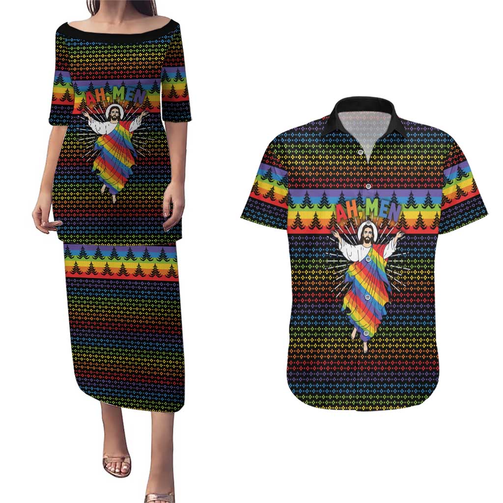 Rainbow Jesus Ah Men Christmas Couples Matching Puletasi and Hawaiian Shirt with Colorful Stripes and Holiday Pattern - Wonder Print Shop