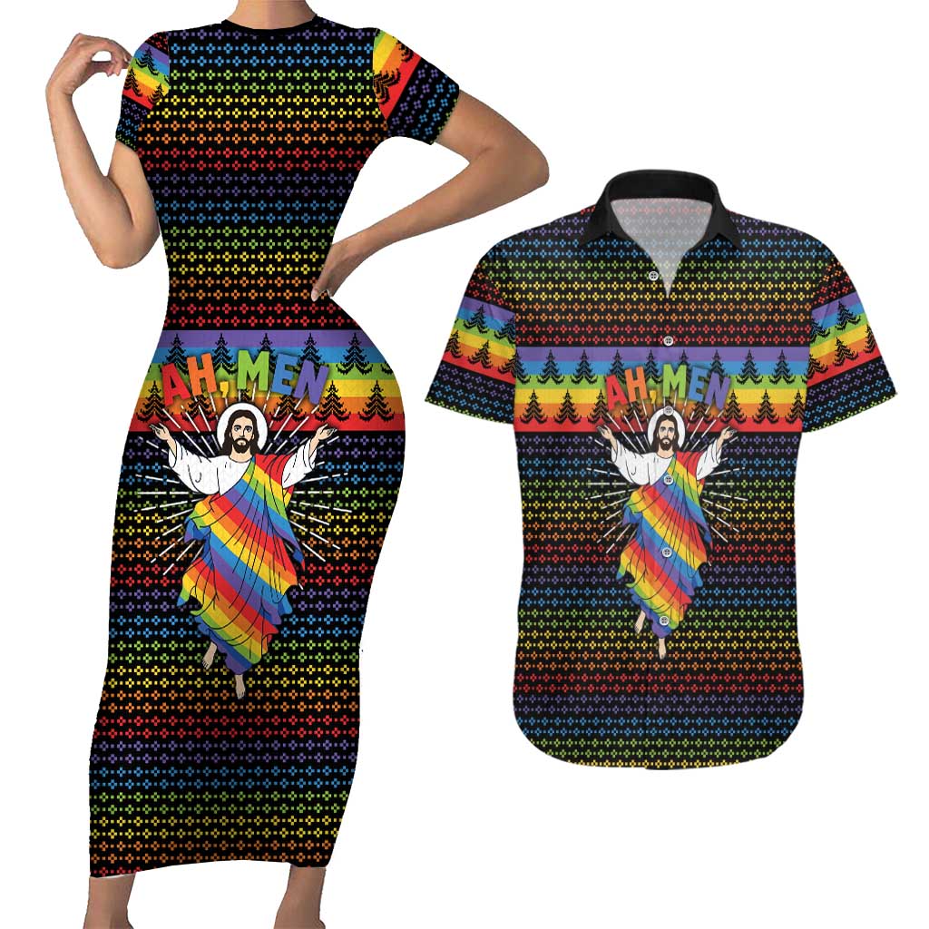 Rainbow Jesus Ah Men Christmas Couples Matching Short Sleeve Bodycon Dress and Hawaiian Shirt with Colorful Stripes and Holiday Pattern - Wonder Print Shop