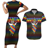 Rainbow Jesus Ah Men Christmas Couples Matching Short Sleeve Bodycon Dress and Hawaiian Shirt with Colorful Stripes and Holiday Pattern - Wonder Print Shop