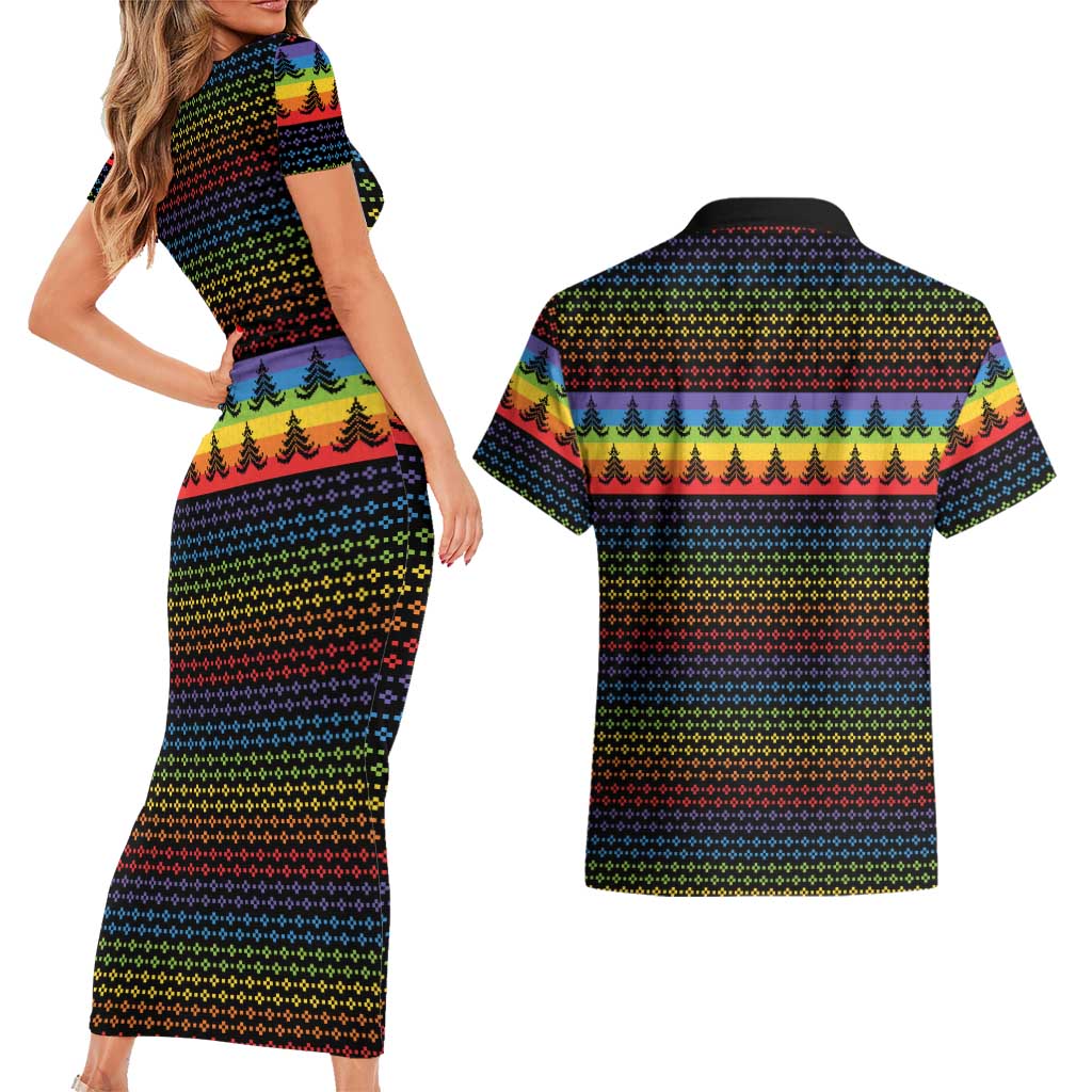 Rainbow Jesus Ah Men Christmas Couples Matching Short Sleeve Bodycon Dress and Hawaiian Shirt with Colorful Stripes and Holiday Pattern - Wonder Print Shop