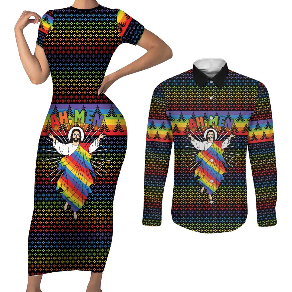 Rainbow Jesus Ah Men Christmas Couples Matching Short Sleeve Bodycon Dress and Long Sleeve Button Shirt with Colorful Stripes and Holiday Pattern - Wonder Print Shop