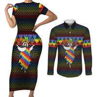 Rainbow Jesus Ah Men Christmas Couples Matching Short Sleeve Bodycon Dress and Long Sleeve Button Shirt with Colorful Stripes and Holiday Pattern - Wonder Print Shop