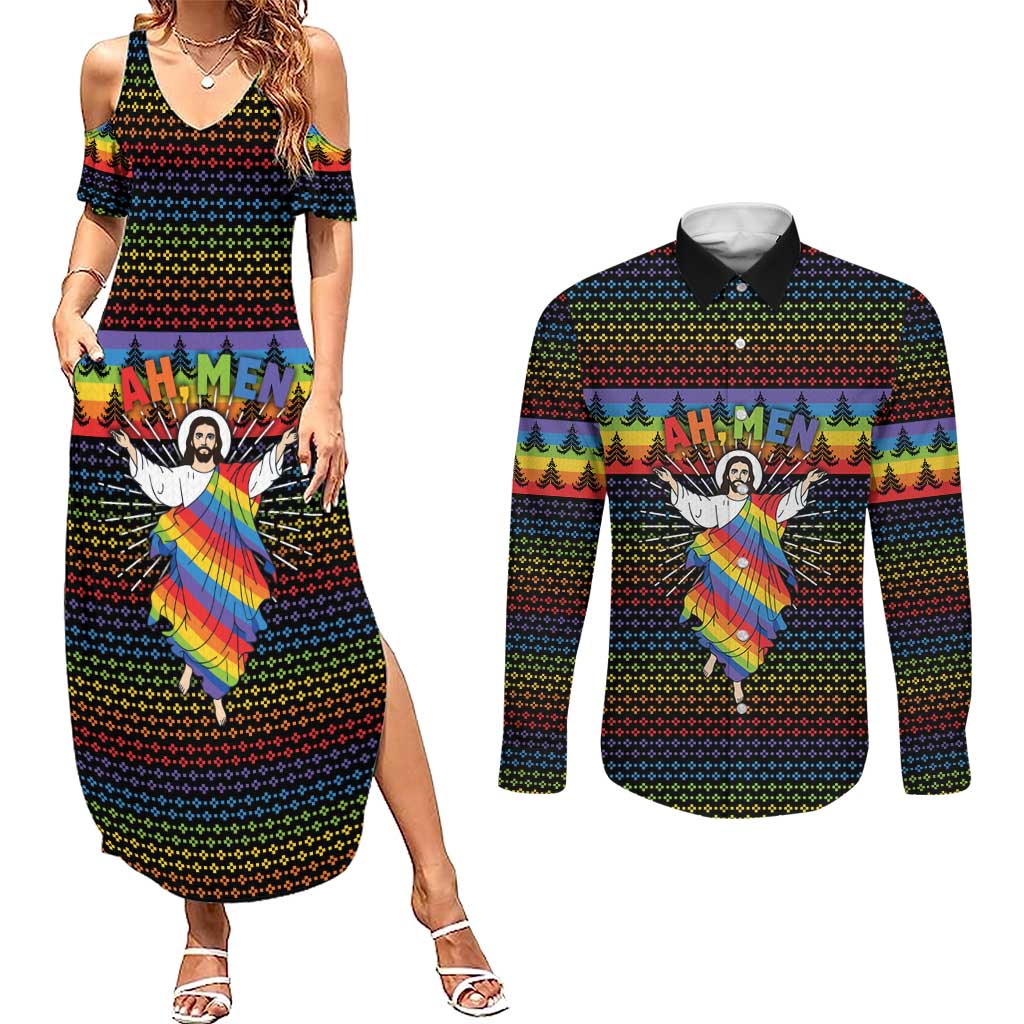 Rainbow Jesus Ah Men Christmas Couples Matching Summer Maxi Dress and Long Sleeve Button Shirt with Colorful Stripes and Holiday Pattern - Wonder Print Shop