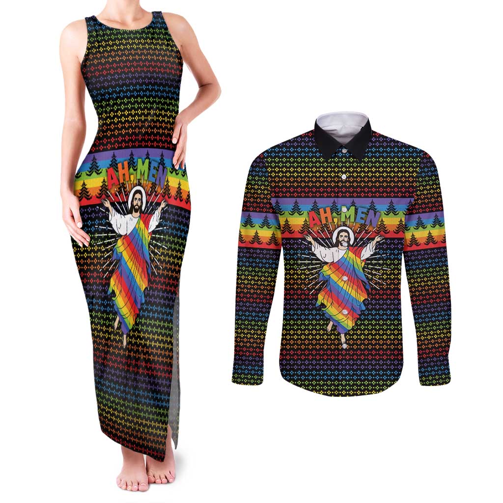 Rainbow Jesus Ah Men Christmas Couples Matching Tank Maxi Dress and Long Sleeve Button Shirt with Colorful Stripes and Holiday Pattern - Wonder Print Shop