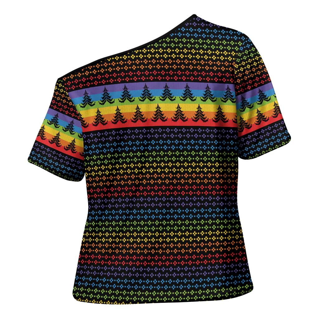 Rainbow Jesus Ah Men Christmas Cross Shoulder Shirt with Colorful Stripes and Holiday Pattern - Wonder Print Shop