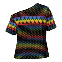 Rainbow Jesus Ah Men Christmas Cross Shoulder Shirt with Colorful Stripes and Holiday Pattern - Wonder Print Shop