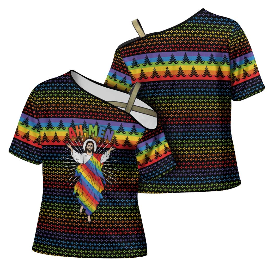 Rainbow Jesus Ah Men Christmas Cross Shoulder Shirt with Colorful Stripes and Holiday Pattern - Wonder Print Shop