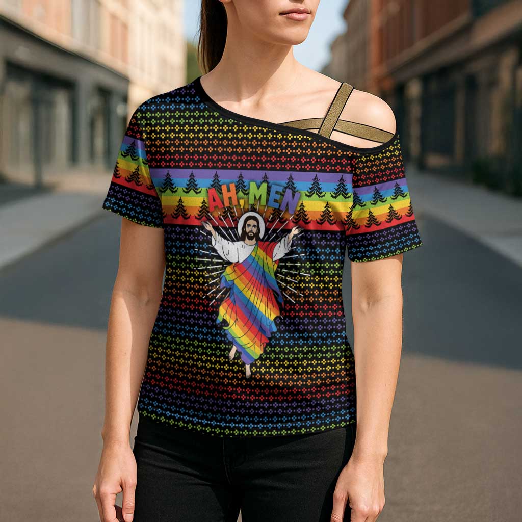Rainbow Jesus Ah Men Christmas Cross Shoulder Shirt with Colorful Stripes and Holiday Pattern - Wonder Print Shop